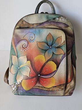 Anuschka Hand-Painted Hibiscus Floral Leather Backpack